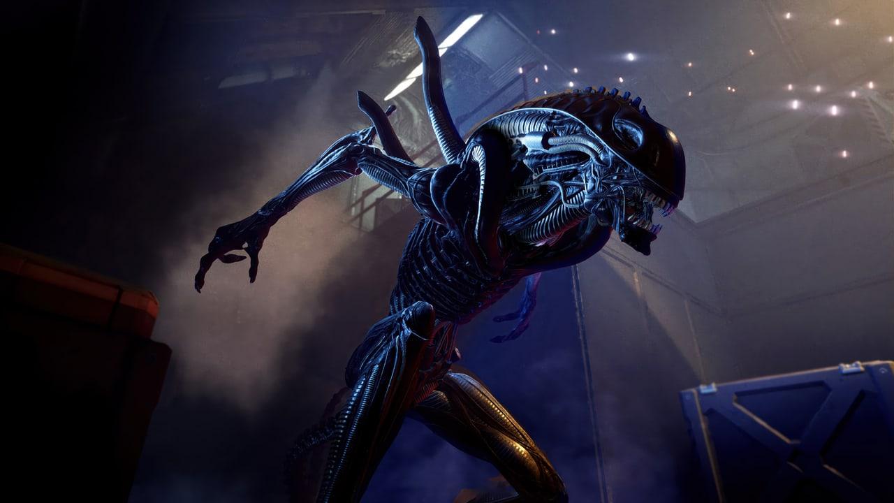 A xenomorph looms in a blue-lit industrial chamber. Crates, overhead lights and structural shadows extend beyond the central creature.