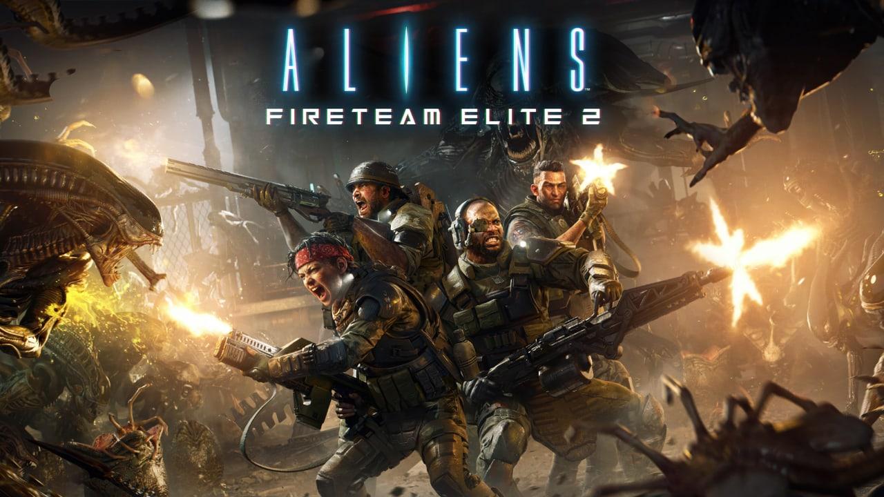 An Aliens Fireteam ensemble fights amid industrial structures and firelight. Xenomorphs at both edges keep the confrontation visible around the central squad.