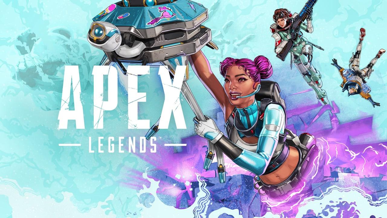 Lifeline lifts her medical drone above a turquoise graphic field. Map-like motifs fill the left while descending teammates and violet energy animate the right.