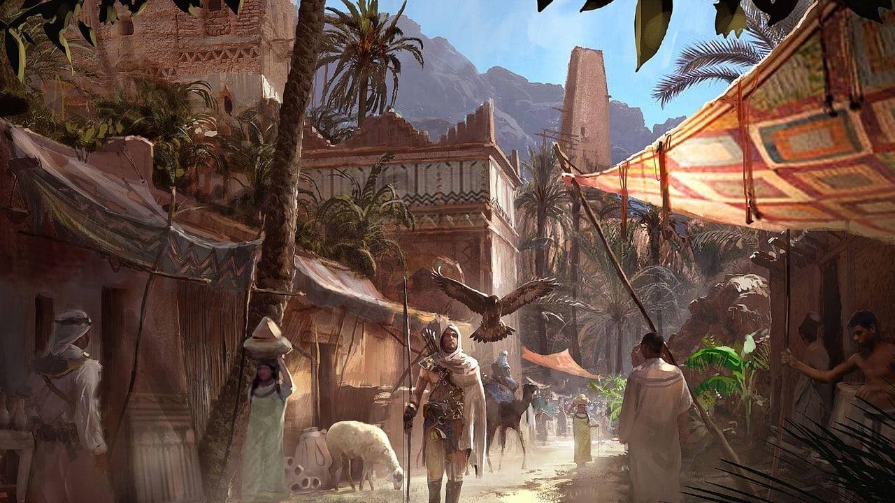 A busy Egyptian market unfolds beneath striped canopies and palm trees. Merchants, woven fabrics and distant stone monuments build a layered street scene. Source: dodododo on Wallpapers.com. Original artist not identified by the page.