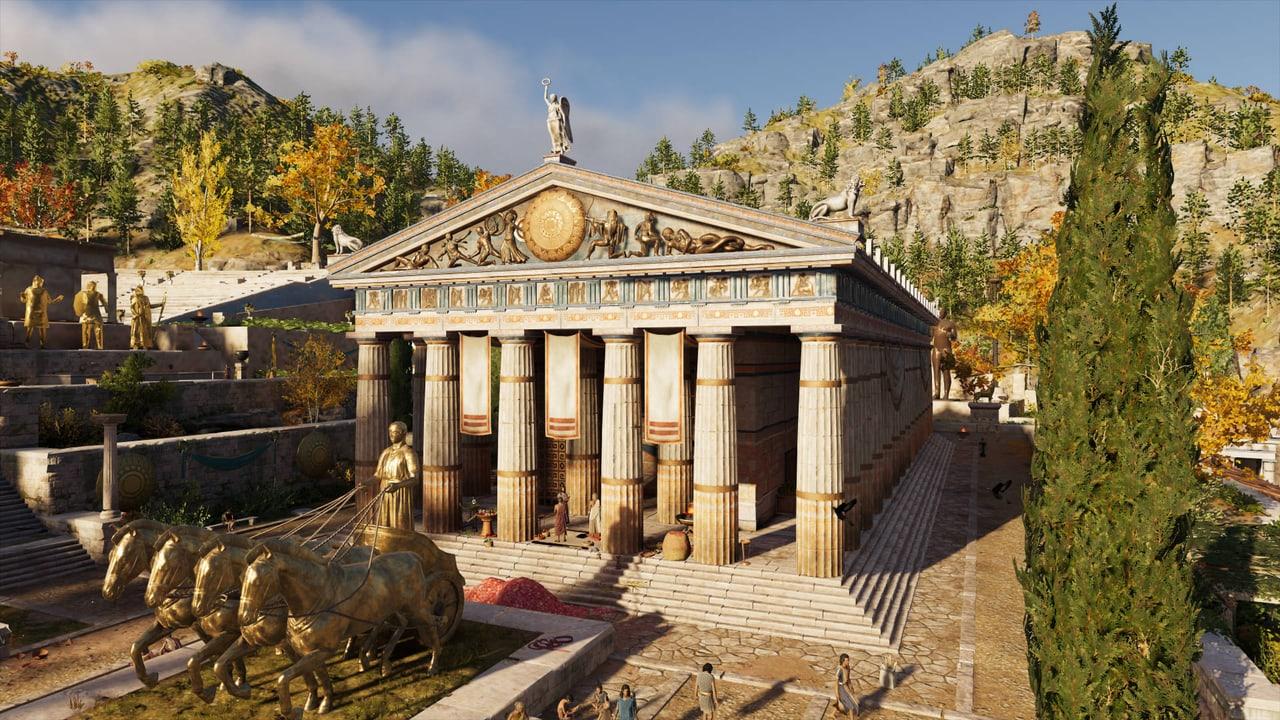A sunlit Greek temple stands among statues, trees and rocky terraces. Columns and surrounding paths make the historical environment the main focus. Source: mikejoker on Wallpapers.com. Original artist not identified by the page.