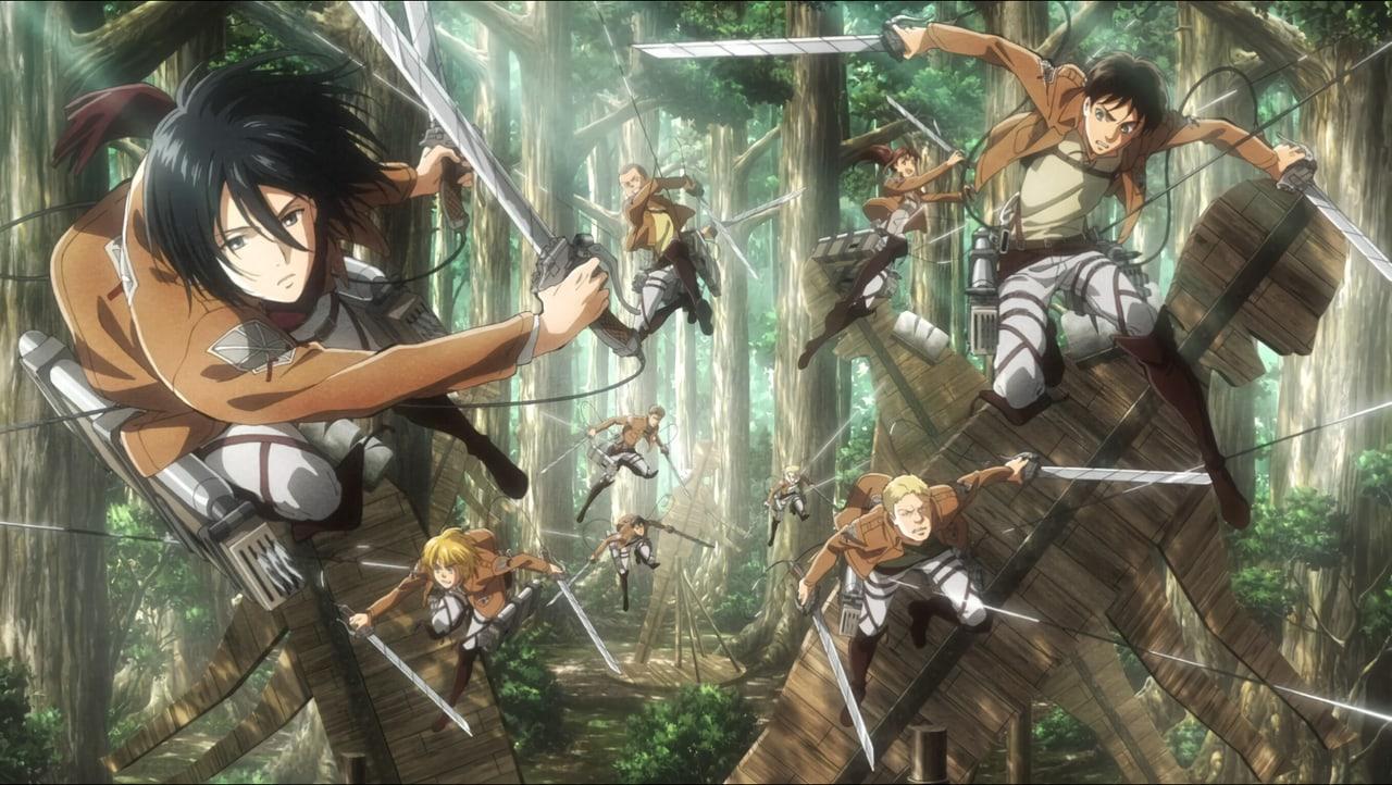 Survey Corps members fly between immense trees using cables, with green light filtering through the forest.