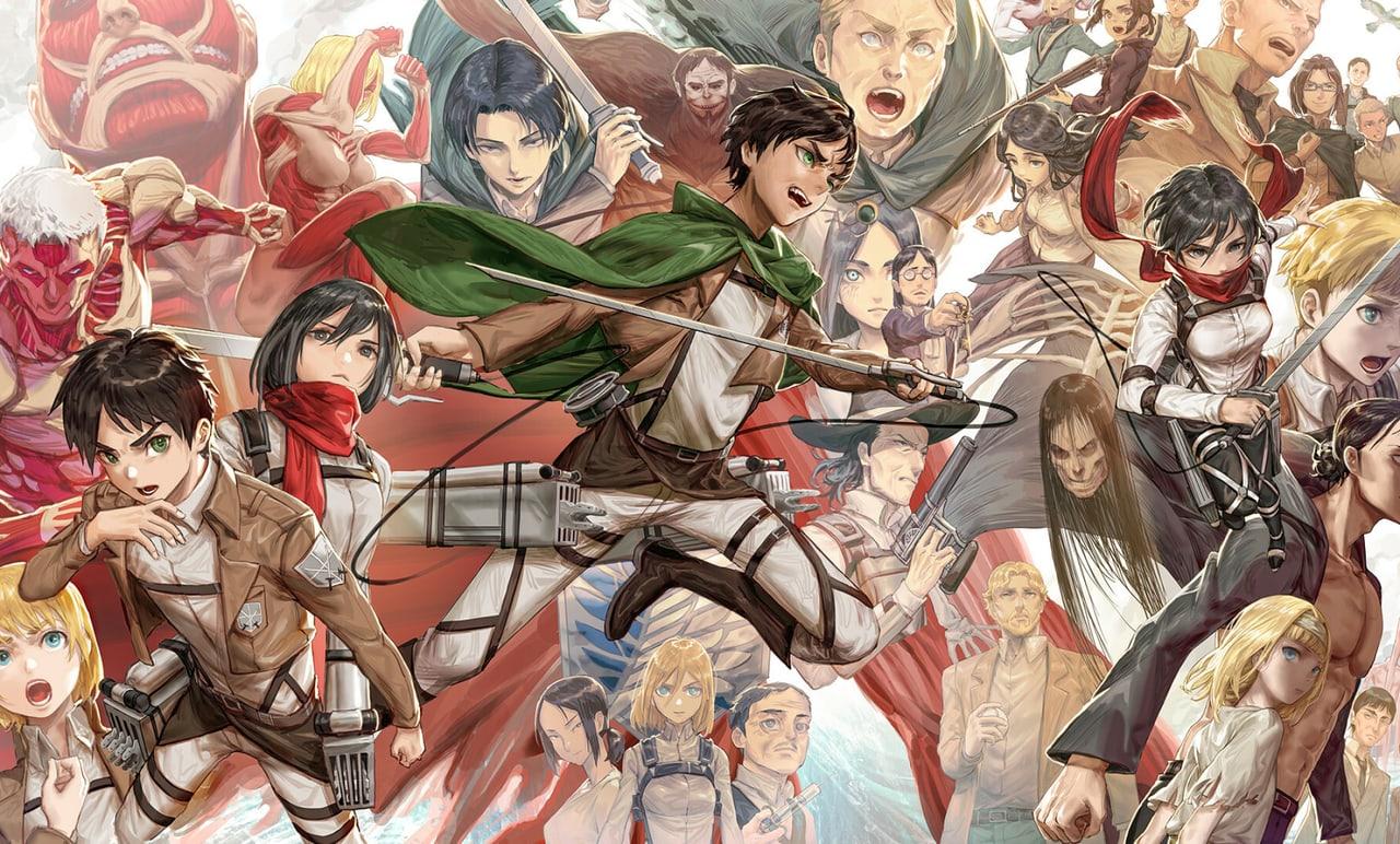 An extensive character collage combines cream backgrounds, red Titan forms and layered costumes.