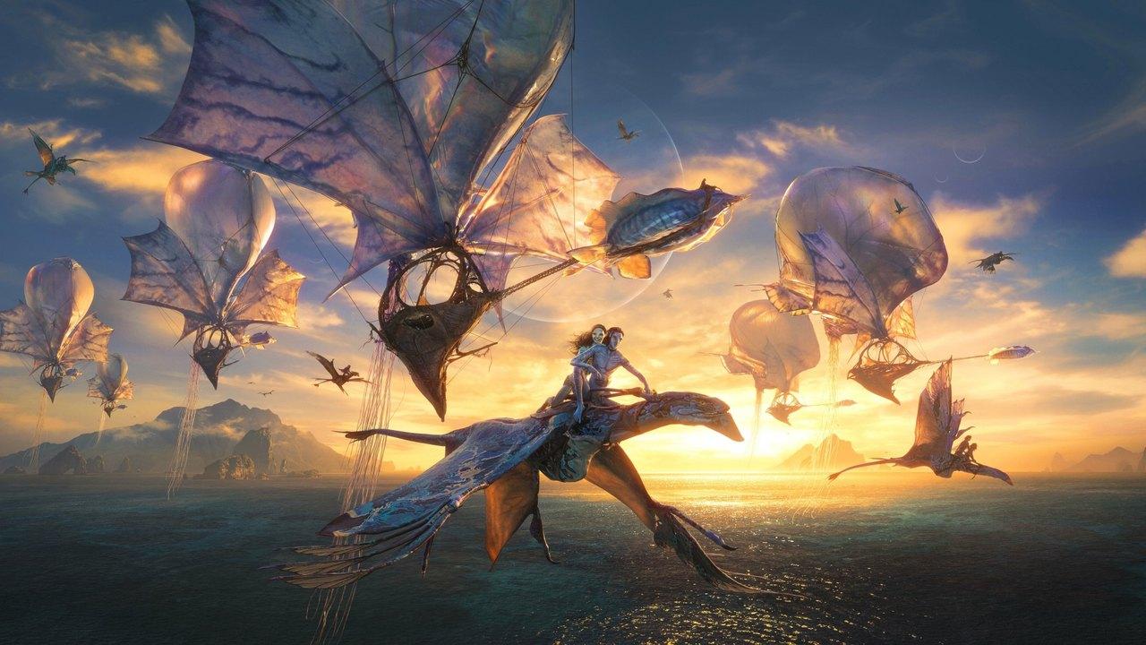 Na’vi riders and large sail-like flying creatures travel over the sea in golden light.