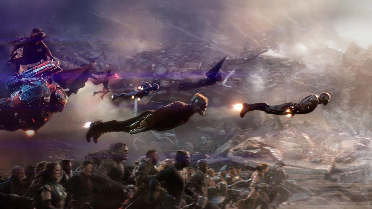 Flying Avengers race over a dense battlefield army beneath pale smoke and purple-grey clouds.