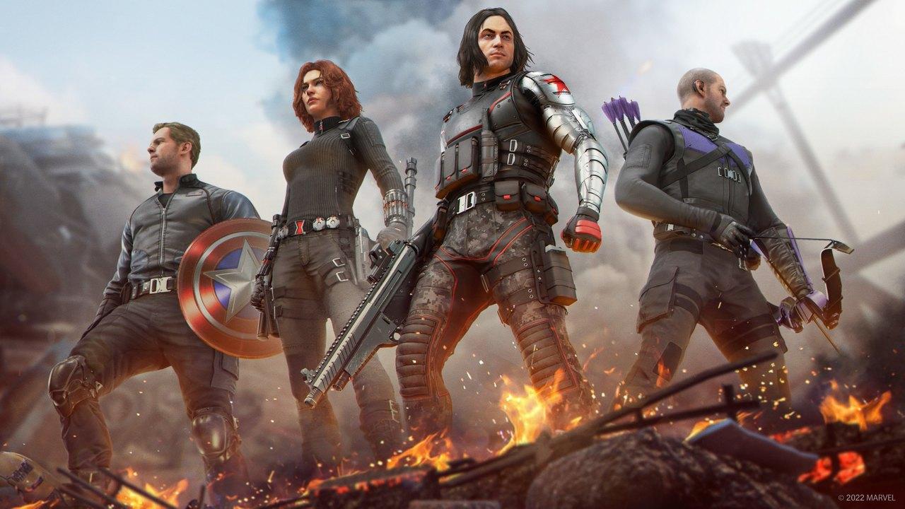 Game-style Avengers character artwork shows the team arranged across a pale, rubble-strewn battlefield.