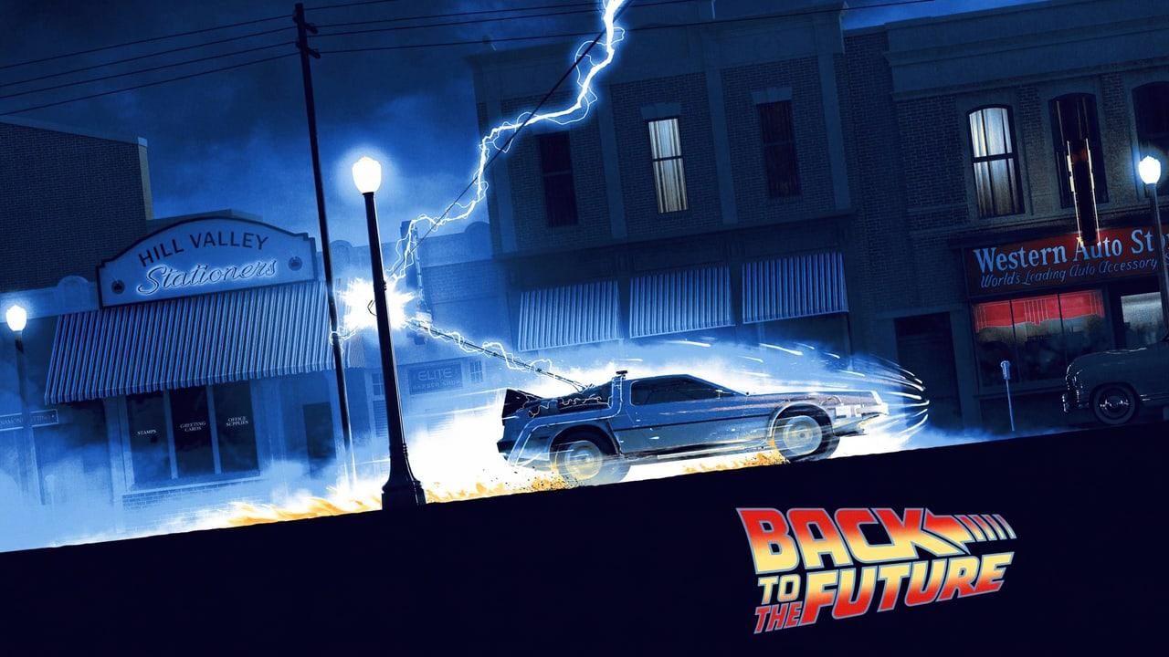 The DeLorean speeds past Hill Valley storefronts under a lightning strike. Illuminated shop signs and windows retain the street on both sides of the chat.