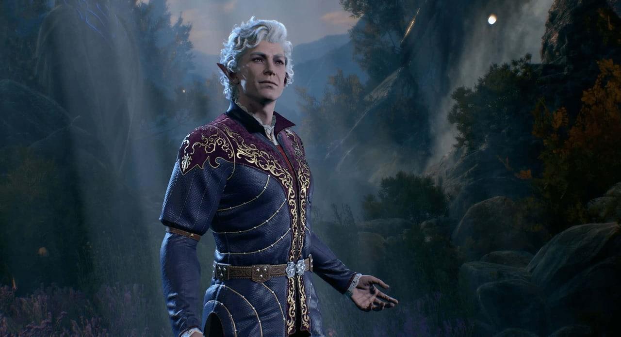 Astarion stands in embroidered clothing among tall rock faces and shadowed foliage. Pale shafts of light, flowers and boulders remain around the conversation.