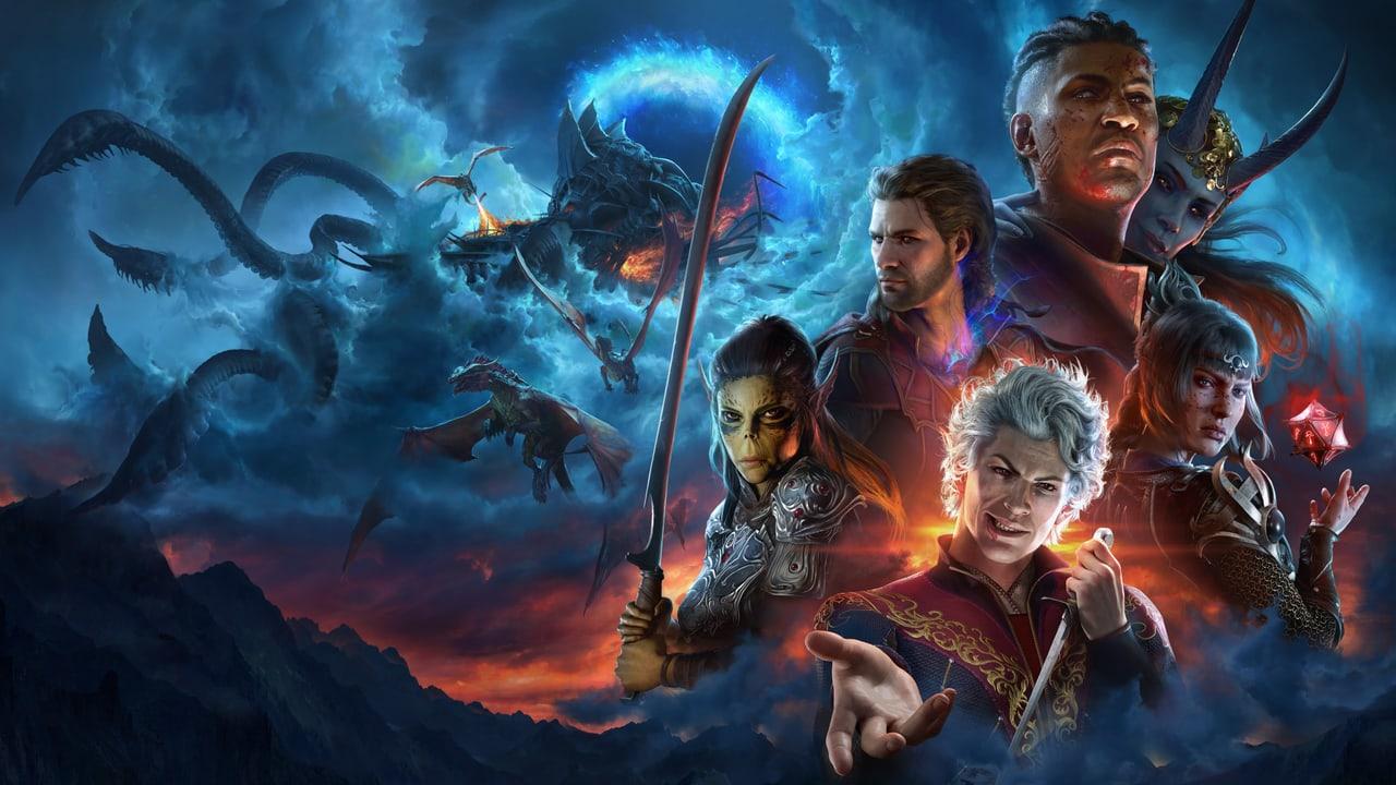The companions gather beside a luminous orange and blue rift. A tentacled ship silhouette occupies the left sky, with layered character art continuing at the right.