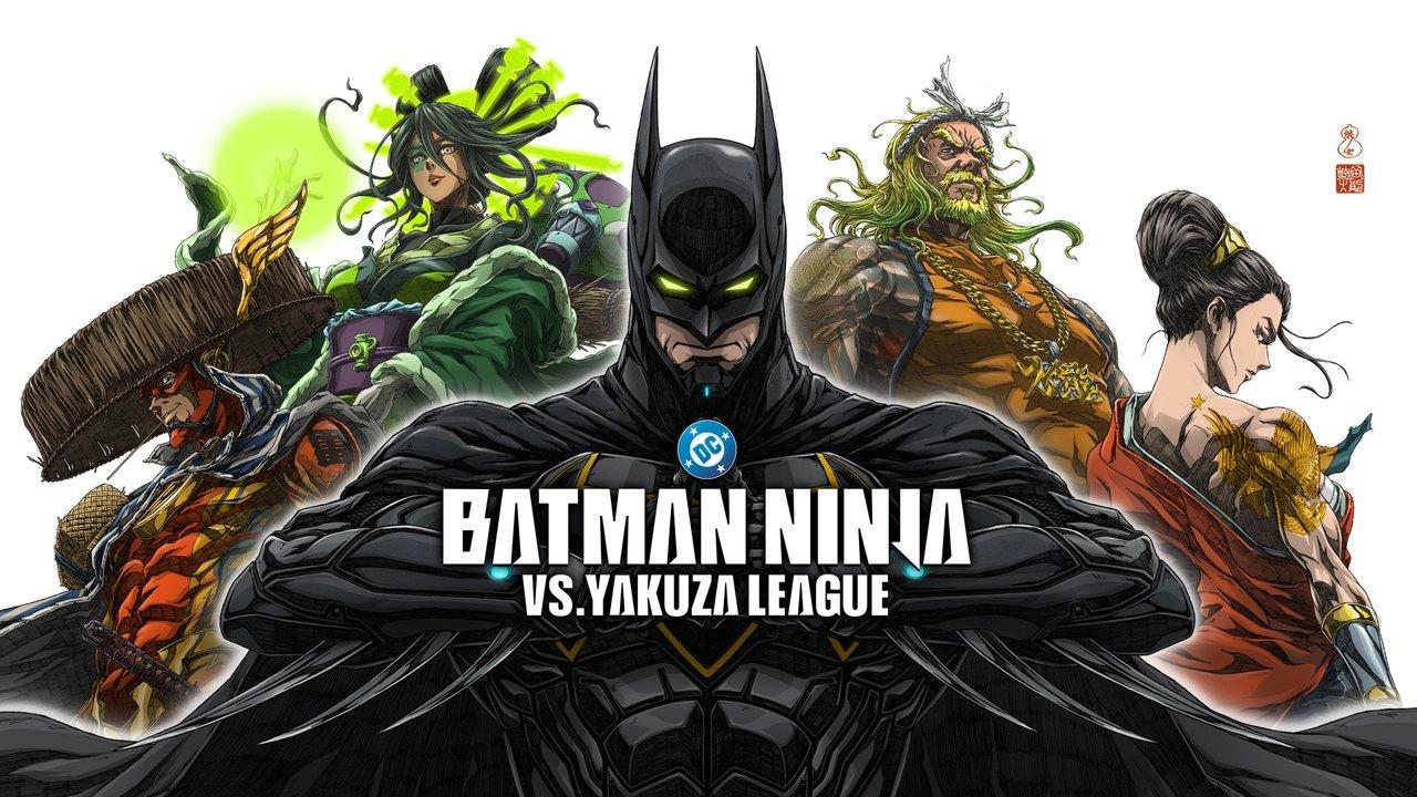 The Batman Ninja versus Yakuza League ensemble spreads angular armor, capes and blades across a white background.