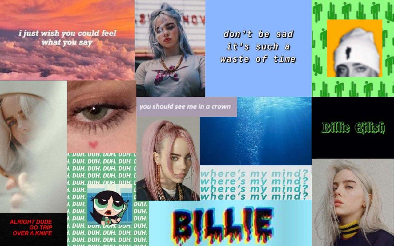 Portraits, ocean imagery, bright green graphics and colored text panels form a broad Billie Eilish collage.