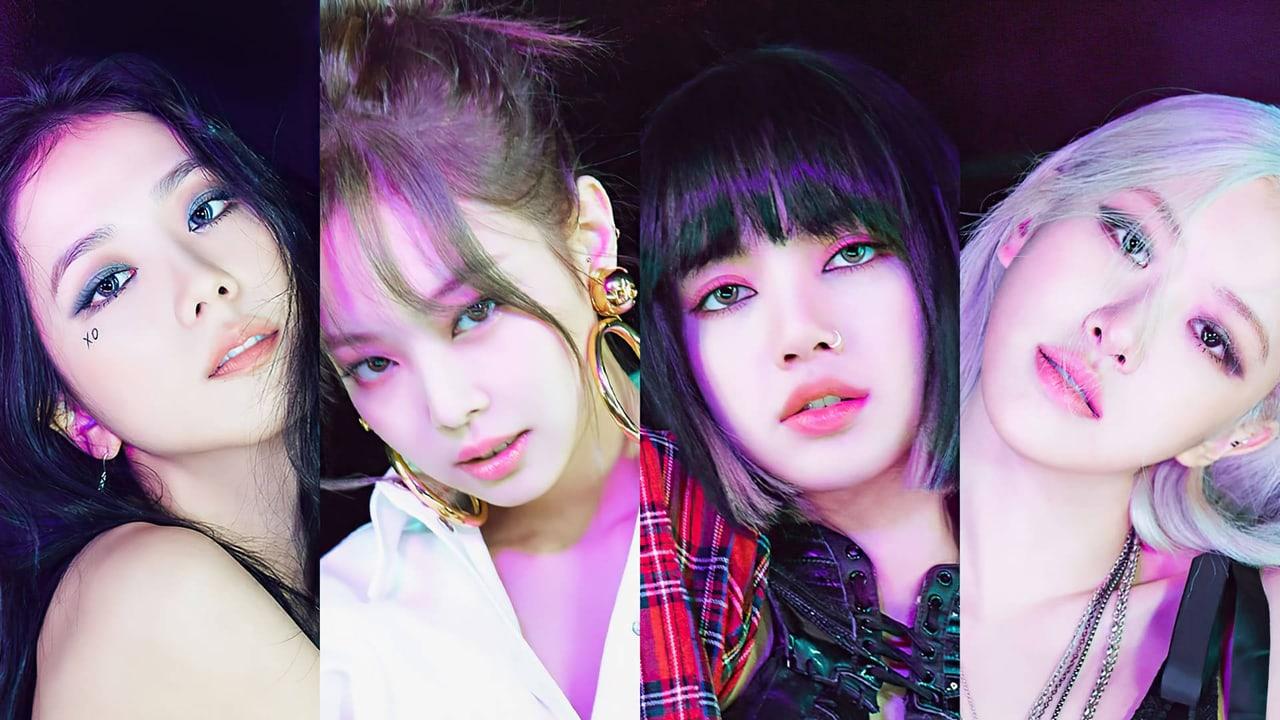 Four close-up portraits fill adjacent panels under pink, purple and blue light.