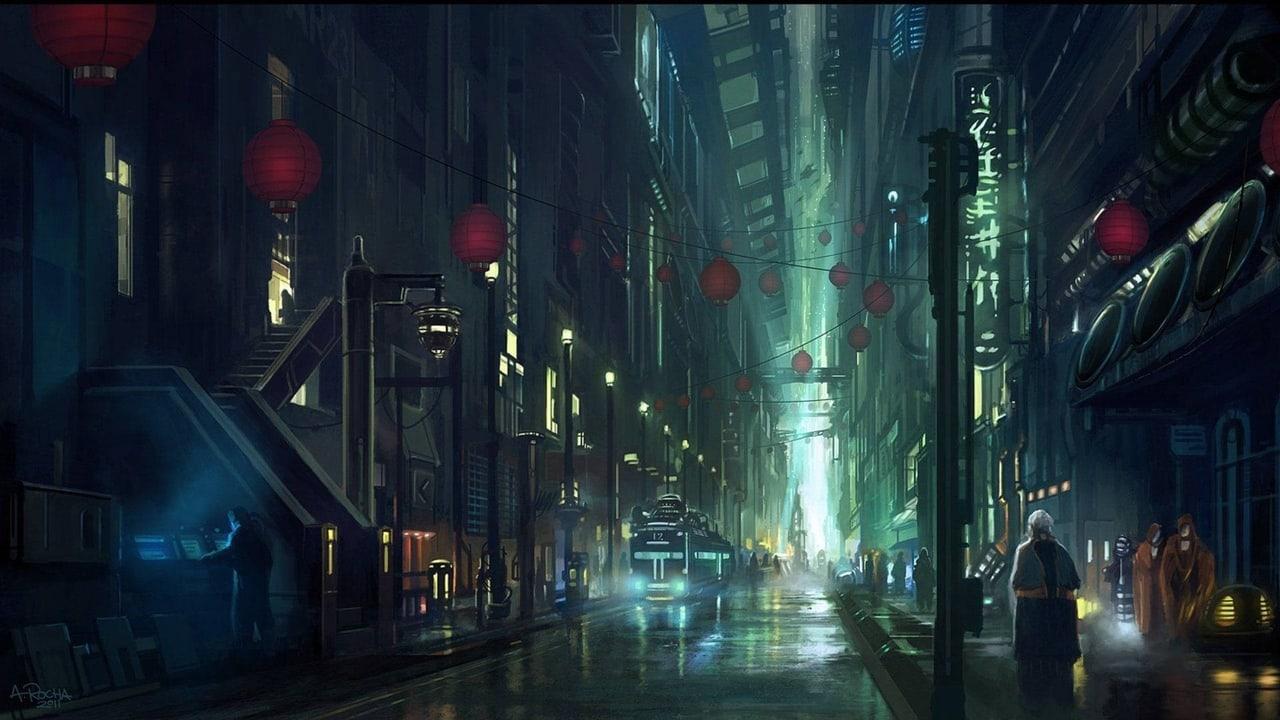 A narrow futuristic street glows with green signage and red lanterns. Pipes, balconies and shop fronts fill the side strips while wet paving draws the eye inward.