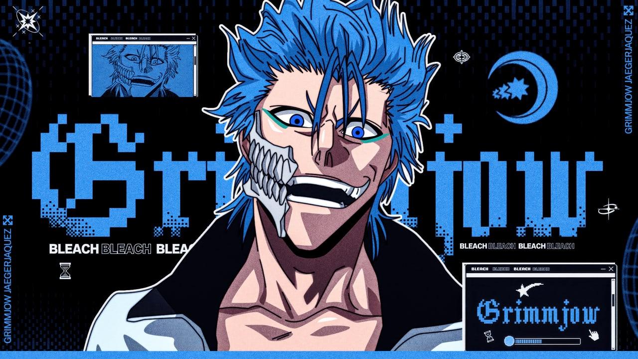 Grimmjow appears against black with blue lettering, small panels and circular graphic marks. Repeated typography carries the character treatment across the full frame. Source: 4kwallpapers.com. Original artist not identified by the source page.