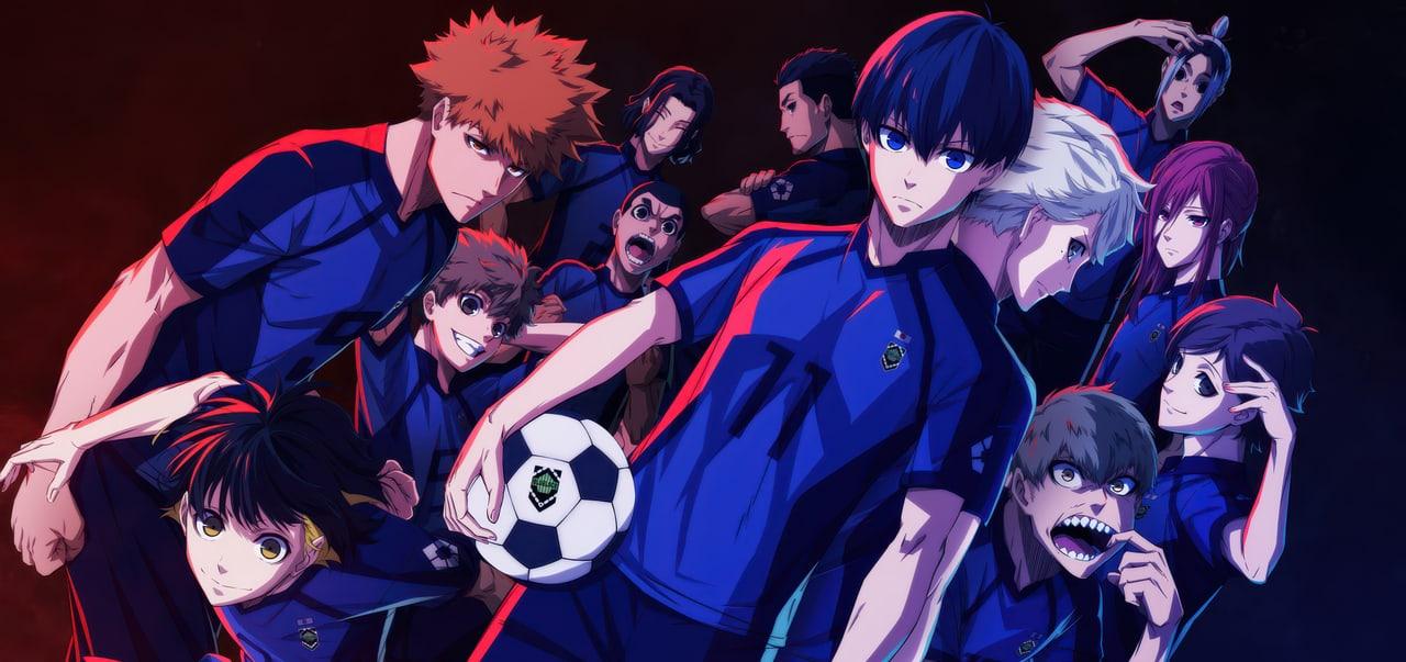 A tightly arranged Blue Lock squad leans across a deep red background. Players and dark blue shirts reach both edges, keeping the group visible beside the conversation.