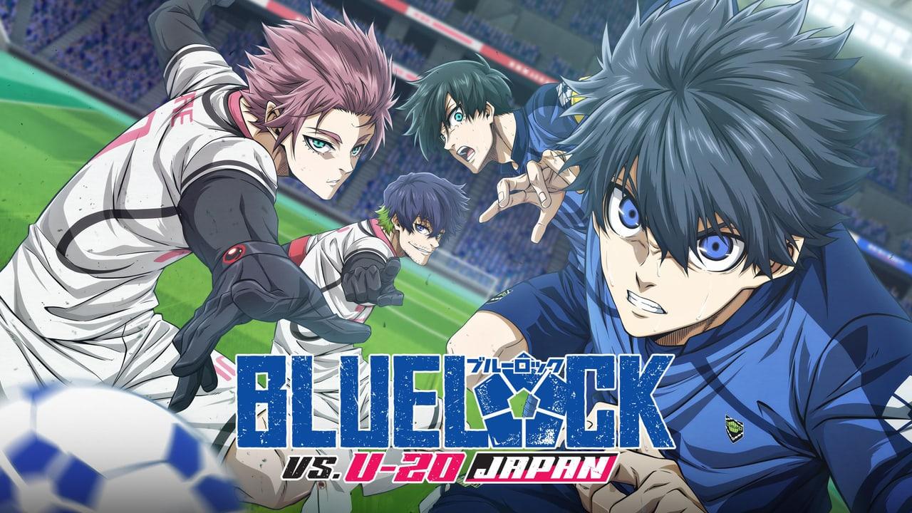 Blue Lock players converge on the ball in a stadium scene. White and blue uniforms fill the margins while the green pitch and crowd establish the setting.