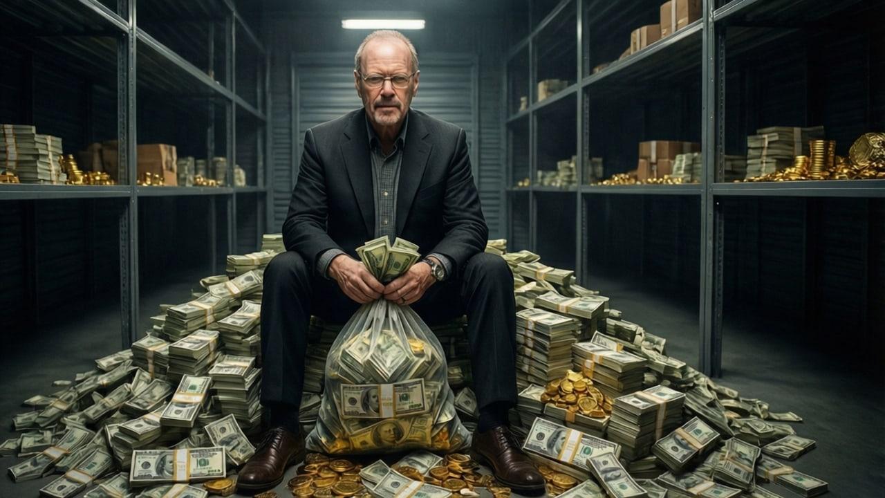 An illustrated Walter sits among stacks of cash inside a dim storage aisle. Shelves, banknotes and metallic containers extend down both sides of the room. Source: dhawk3 on Wallpapers.com. Original artist not identified by the page.