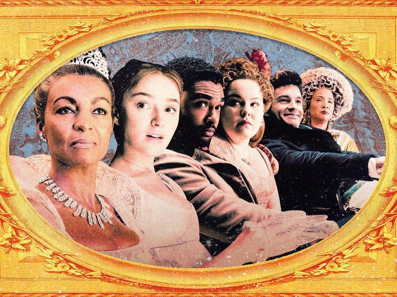 A close ensemble portrait sits within a large ornate gold oval, with faces extending to either side.