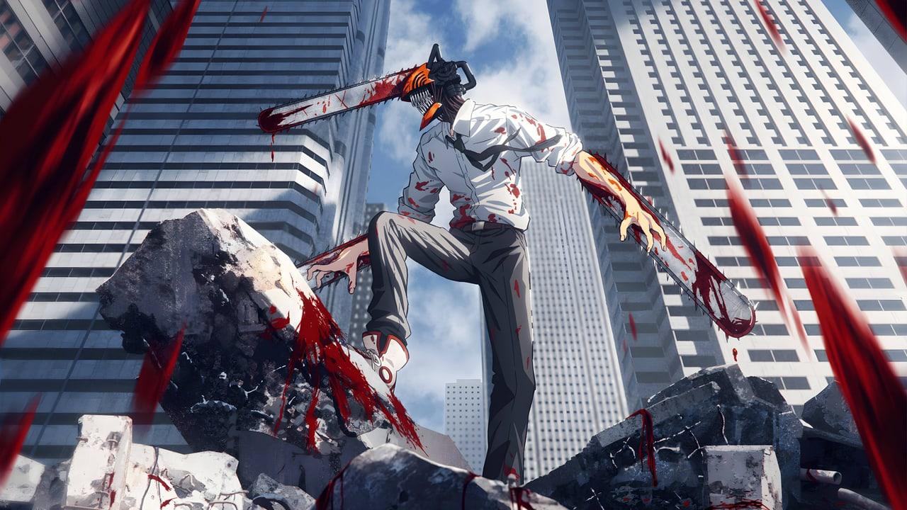 Denji stands amid gray city towers, debris and red streaks beneath a pale blue-gray sky.