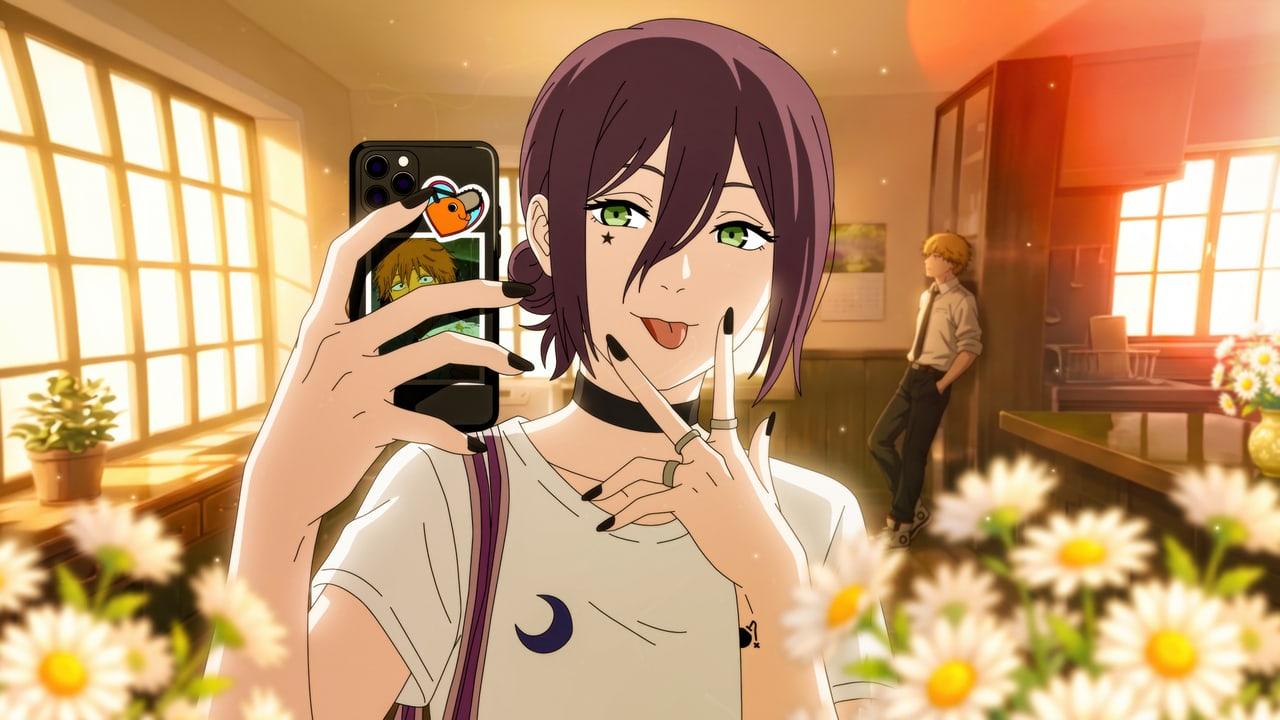 Reze holds a phone for a selfie in a golden sunlit room filled with white daisies.