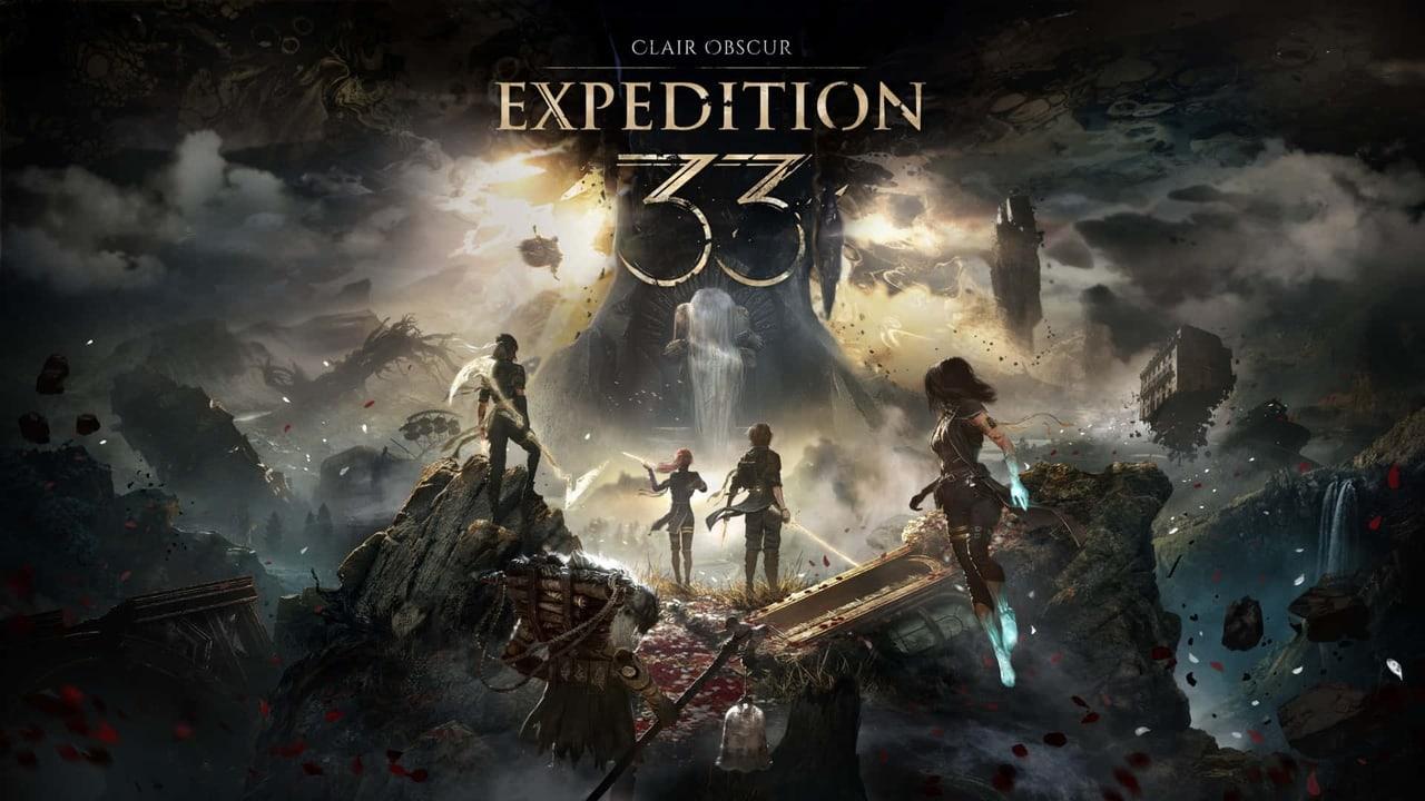 The expedition stands on a broken span beneath the monolith. Floating ruins, mist and red petals extend beyond the central party into both margins.