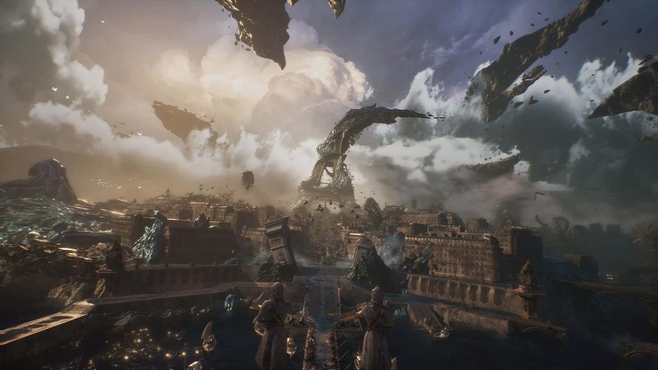 Buildings tumble toward the clouds above a fractured city. Stone terraces remain on the left while rooftops and suspended debris continue across the right.