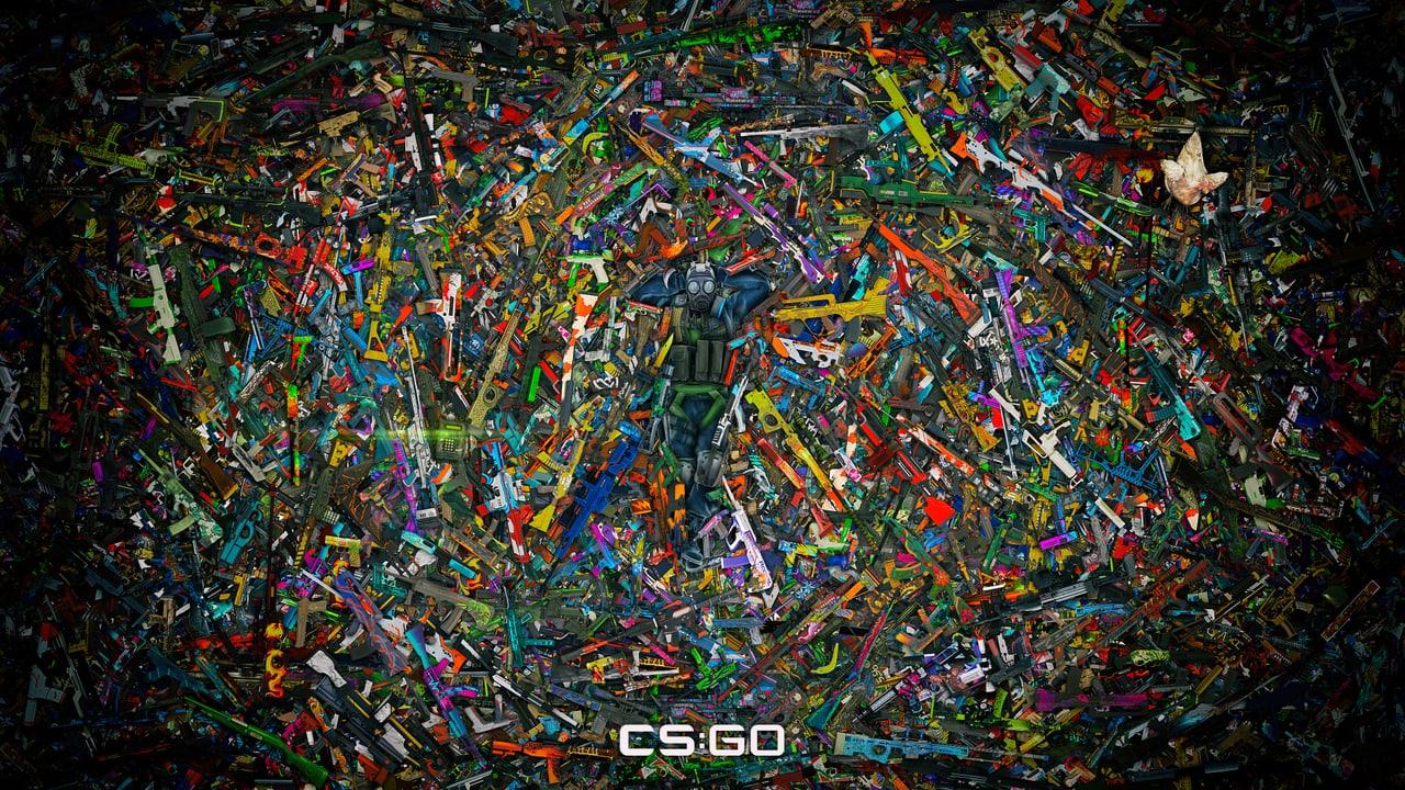 A dense circular collage of colorful Counter-Strike weapon skins fills the frame. Individual finishes repeat into both side strips, with a darker perimeter around the center.