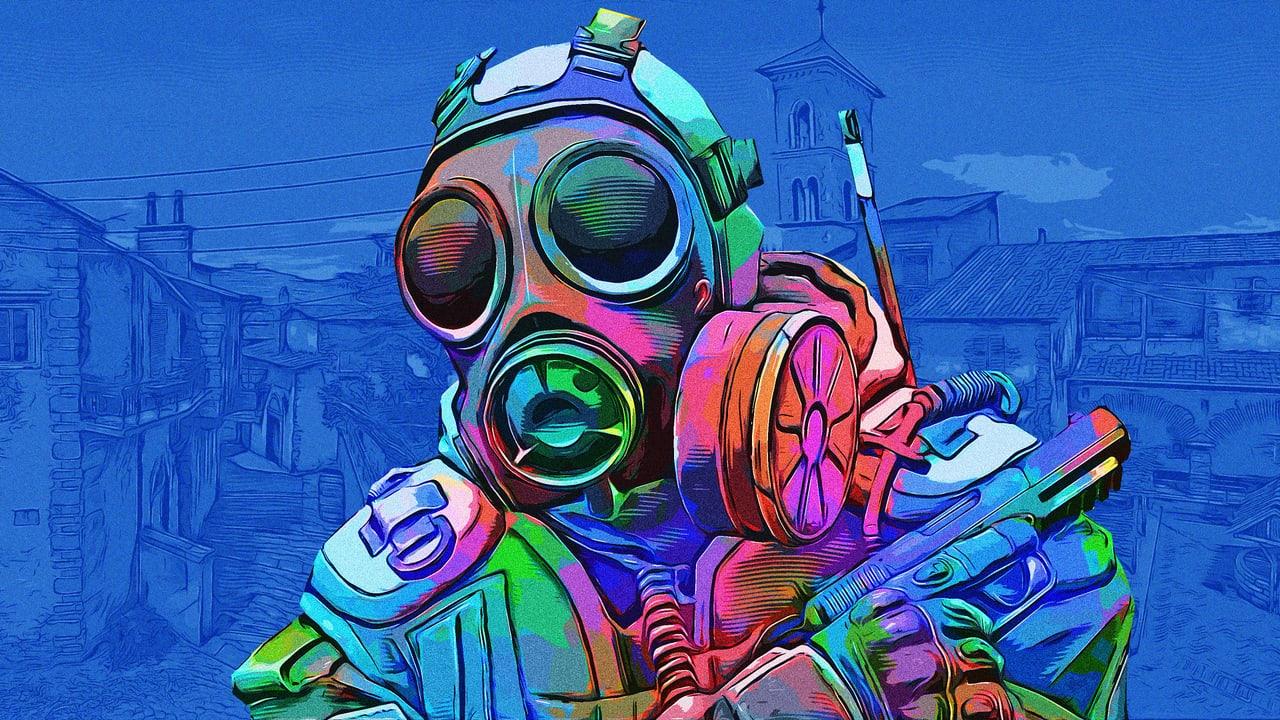 A brightly illustrated masked operative stands before blue line drawings of streets and buildings. The map architecture remains legible on both outer edges.