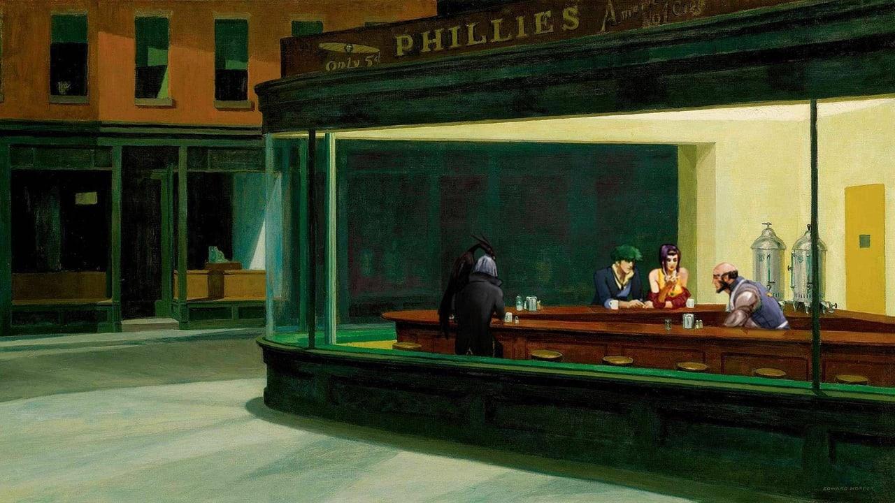 The Bebop crew occupies a glowing corner diner in a painted nighttime street. Shop windows, green walls and the long counter carry the scene beyond the cast. Source: baofu892 on Wallpapers.com. Original artist not identified by the page.