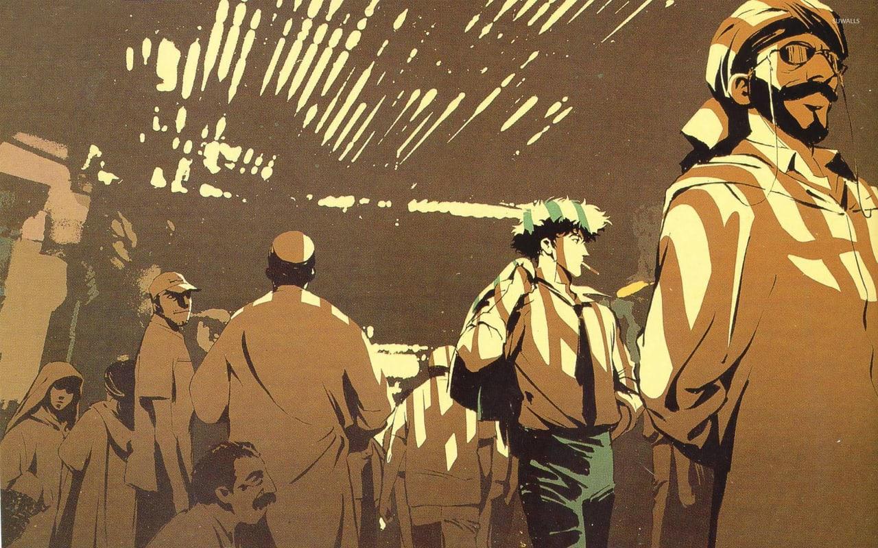 Spike moves through a crowded passage rendered in warm ochre and deep brown. Overhead lights and passing figures give the composition a cinematic street rhythm. Source: spmalish on Wallpapers.com. Original artist not identified by the page.