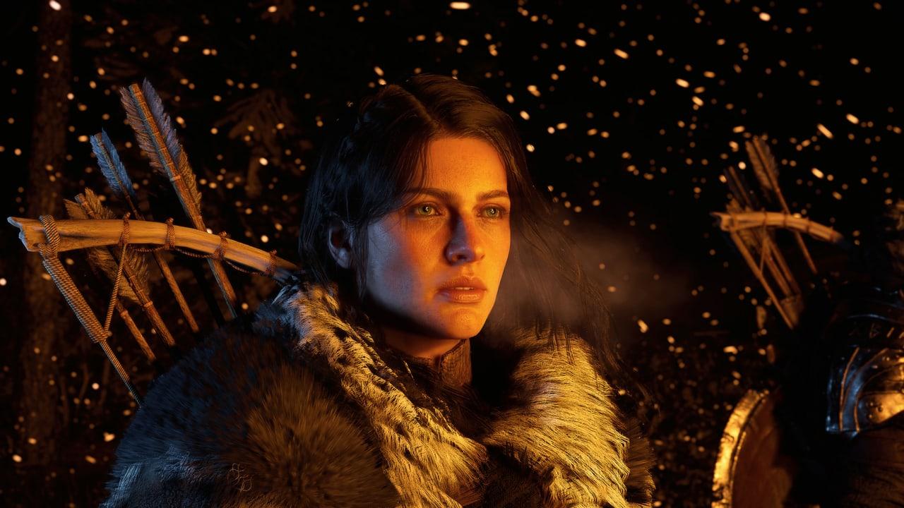 Fur armor and a burning arrow cut through an amber battle scene. Wooden structures, sparks and layered clothing carry the warm detail to both edges.