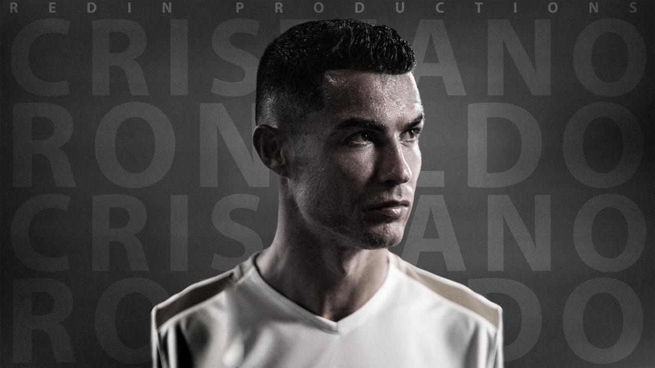 A monochrome Cristiano Ronaldo portrait sits over repeated full-width Cristiano Ronaldo lettering on a textured charcoal background.