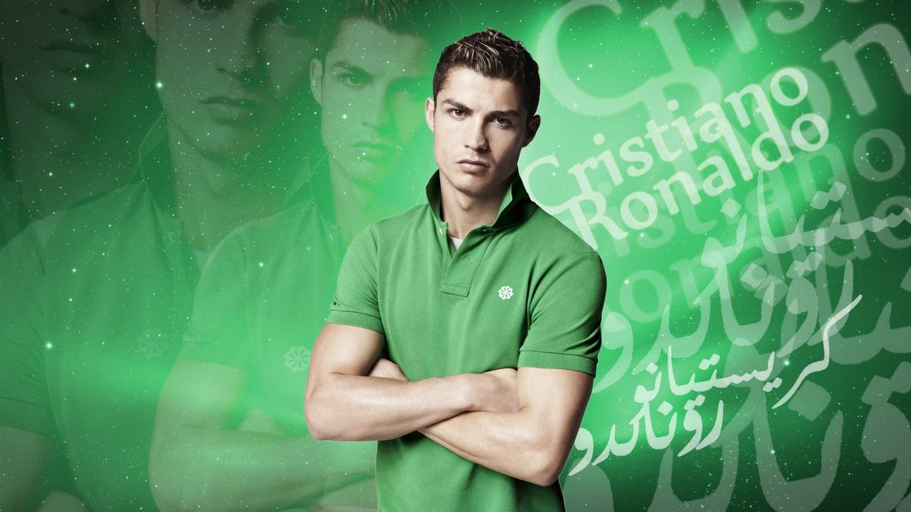 Cristiano Ronaldo stands before a green collage with a translucent portrait on the left and oversized lettering across the right.