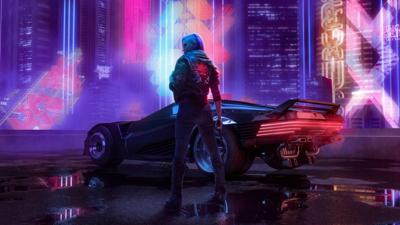 A lone figure stands beside a sports car on a rain-darkened street. Magenta billboards, blue reflections and tall buildings wrap the scene in nighttime color. Source: 4kwallpapers.com. Original artist not identified by the source page.