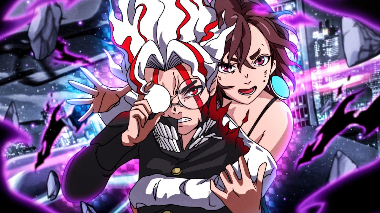 Momo and transformed Okarun pose amid purple energy and fragments of a nighttime city. Buildings and glowing shards keep the supernatural action at the edges. Source: 4kwallpapers.com. Original artist not identified by the source page.