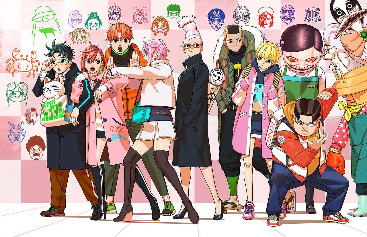 The Dandadan ensemble stands against pale pink panels with smaller character portraits behind them. Figures fill the sides as well as the center of the lineup. Source: Alpha Coders, discovered by bookreader.
