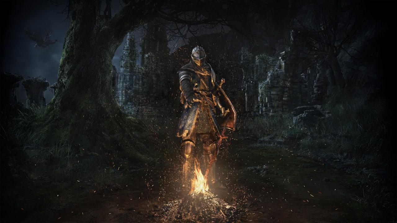 A knight rests by a bonfire among moss-covered ruins and trees. Green-black stonework continues around the conversation without relying on the central flame.