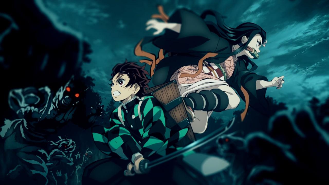 Tanjiro and Nezuko run through a stormy forest surrounded by looming faces and dark teal forms.