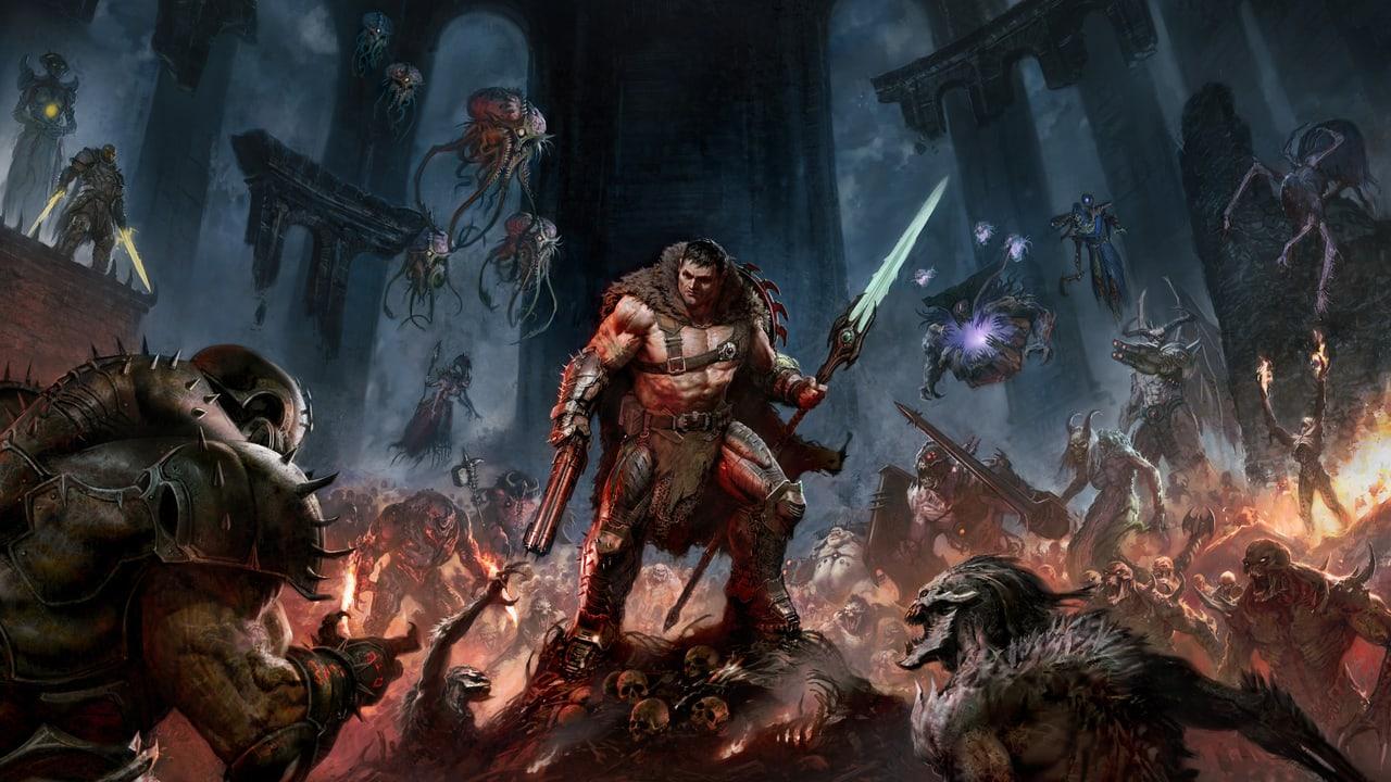 The Slayer confronts a mass of demons beneath broken towers and a dark sky. Claws, stonework and pockets of flame occupy both margins. Source: 4kwallpapers.com. Original artist not identified by the source page.