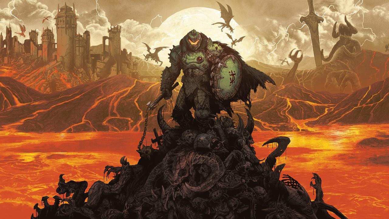 The Slayer stands over fallen demons in a gold-lit volcanic landscape. Lava channels and fortress towers spread the infernal setting beyond the figure. Source: 4kwallpapers.com. Original artist not identified by the source page.