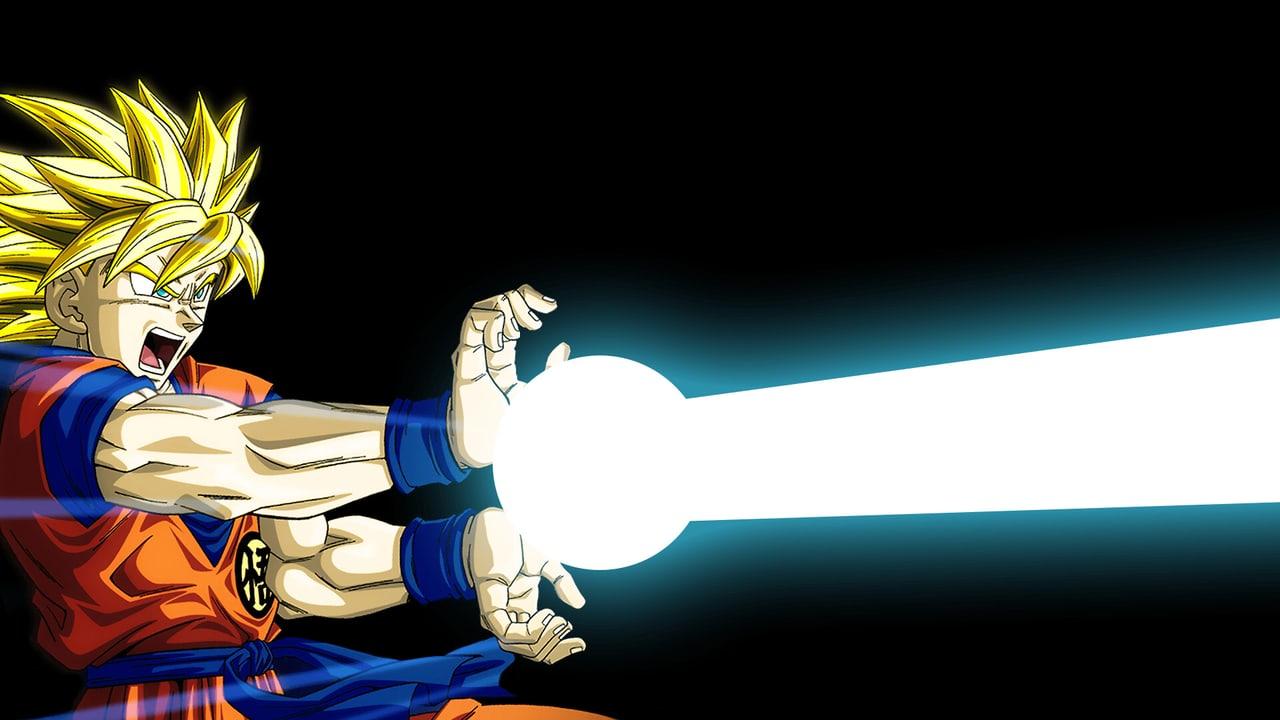 Super Saiyan Goku occupies the left edge while a brilliant white-blue energy beam crosses a black background.