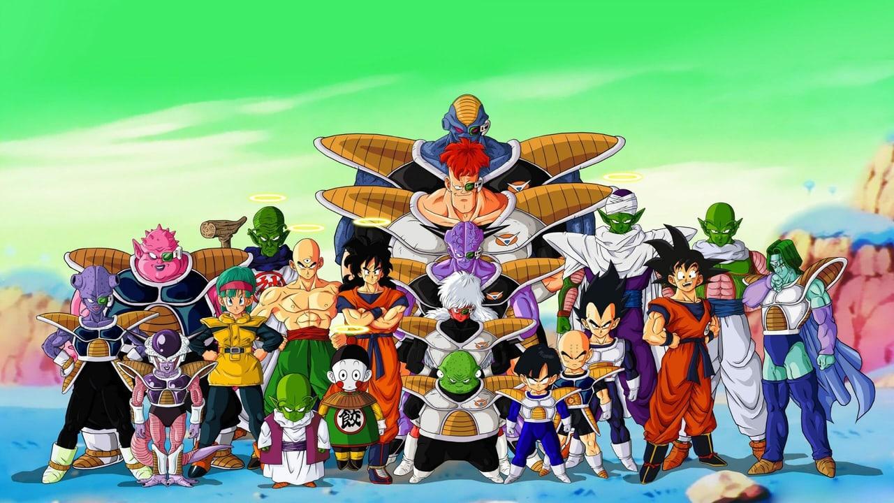 A broad Dragon Ball character lineup stretches across blue ground beneath a vivid green sky.