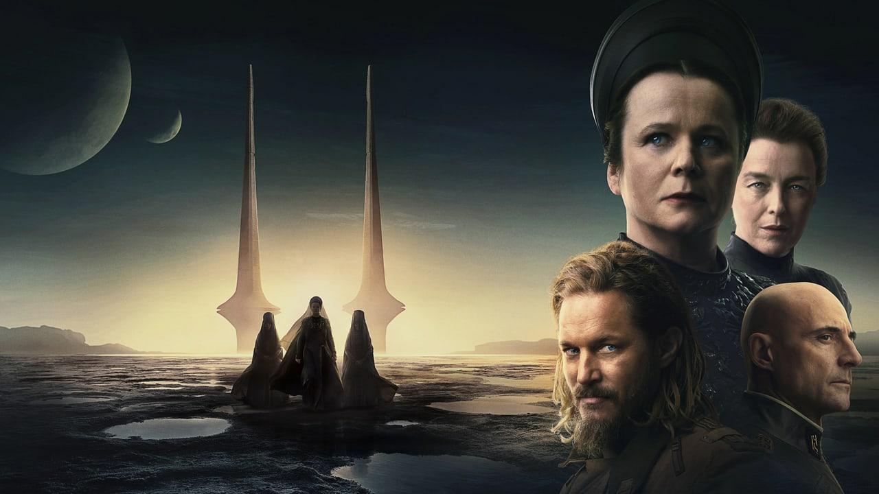 Faces from Dune: Prophecy rise above a dark reflective landscape. Crescent moons on the left balance the cast on the right across a restrained gold horizon. Source: 4kwallpapers.com. Original artist not identified by the source page.