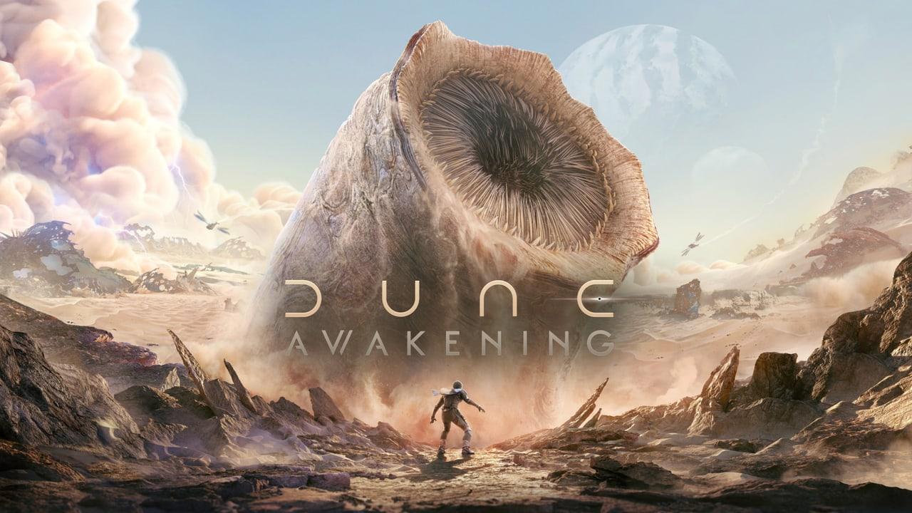 A giant sandworm towers above an Arrakis traveler in artwork for Dune: Awakening. Pale dust, jagged rocks and rolling desert forms spread to both sides. Source: 4kwallpapers.com. Original artist not identified by the source page.