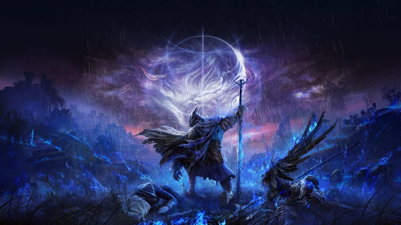 A cloaked figure raises a staff beneath a luminous swirling blue-violet sky in a dark Nightreign landscape.