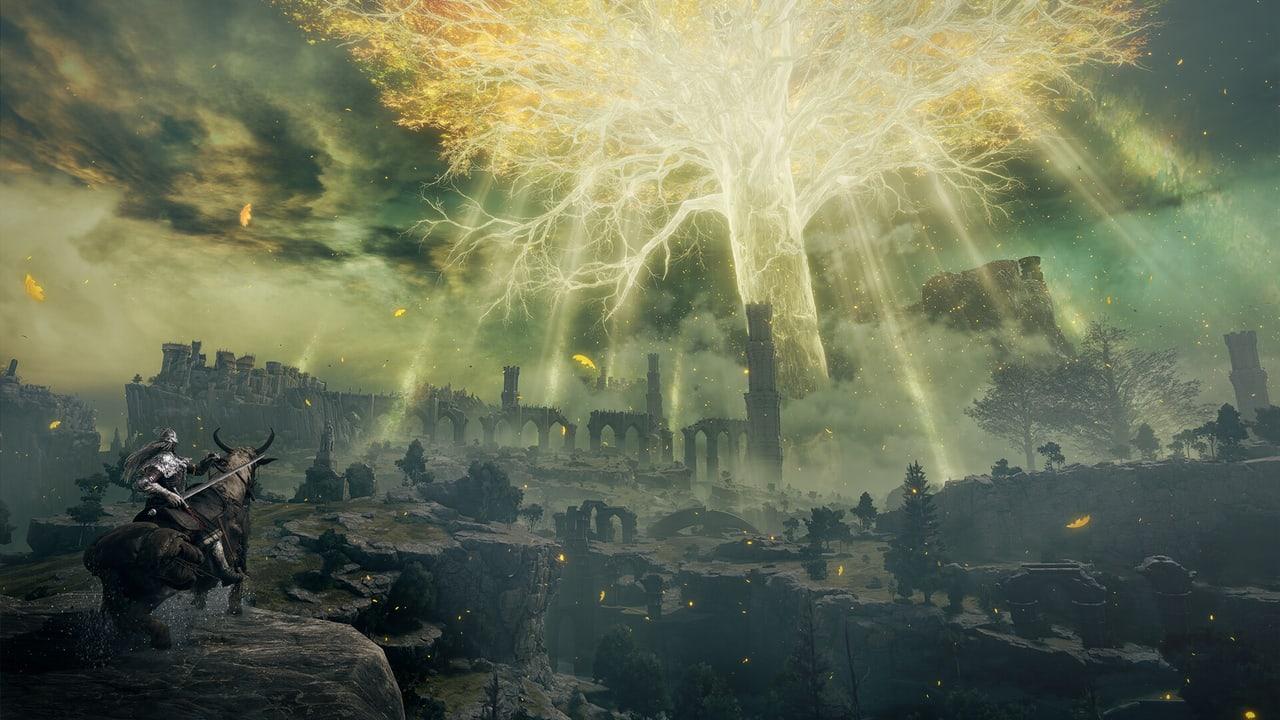 A mounted rider overlooks broken bridges, cliffs and distant ruins beneath the luminous golden Erdtree.
