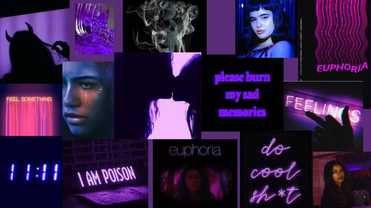 A collage combines Euphoria character stills with purple neon, silhouettes and handwritten phrases. The individual tiles fill both side strips instead of leaving an empty backdrop.