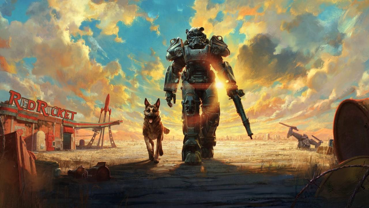 Power armor and Dogmeat cross a sunlit wasteland beneath broken clouds. The Red Rocket station and scattered roadside wreckage carry the setting beyond the central figures. Source: 4kwallpapers.com. Original artist not identified by the source page.