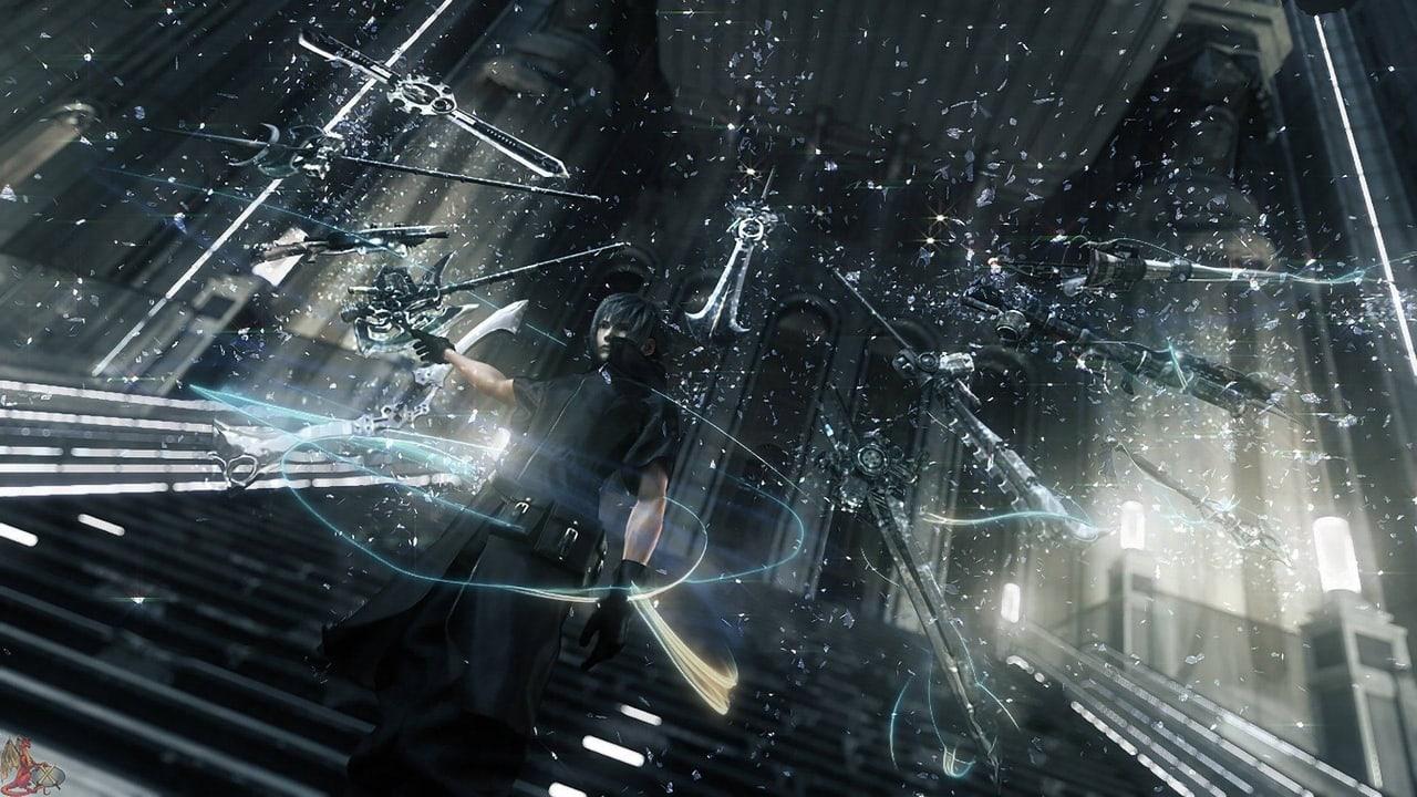Noctis moves through a dark architectural space cut by white light and suspended fragments. Stairs, pillars and glints continue to both edges. Source: vovka.27.07.69 on Wallpapers.com. Original artist not identified by the page.