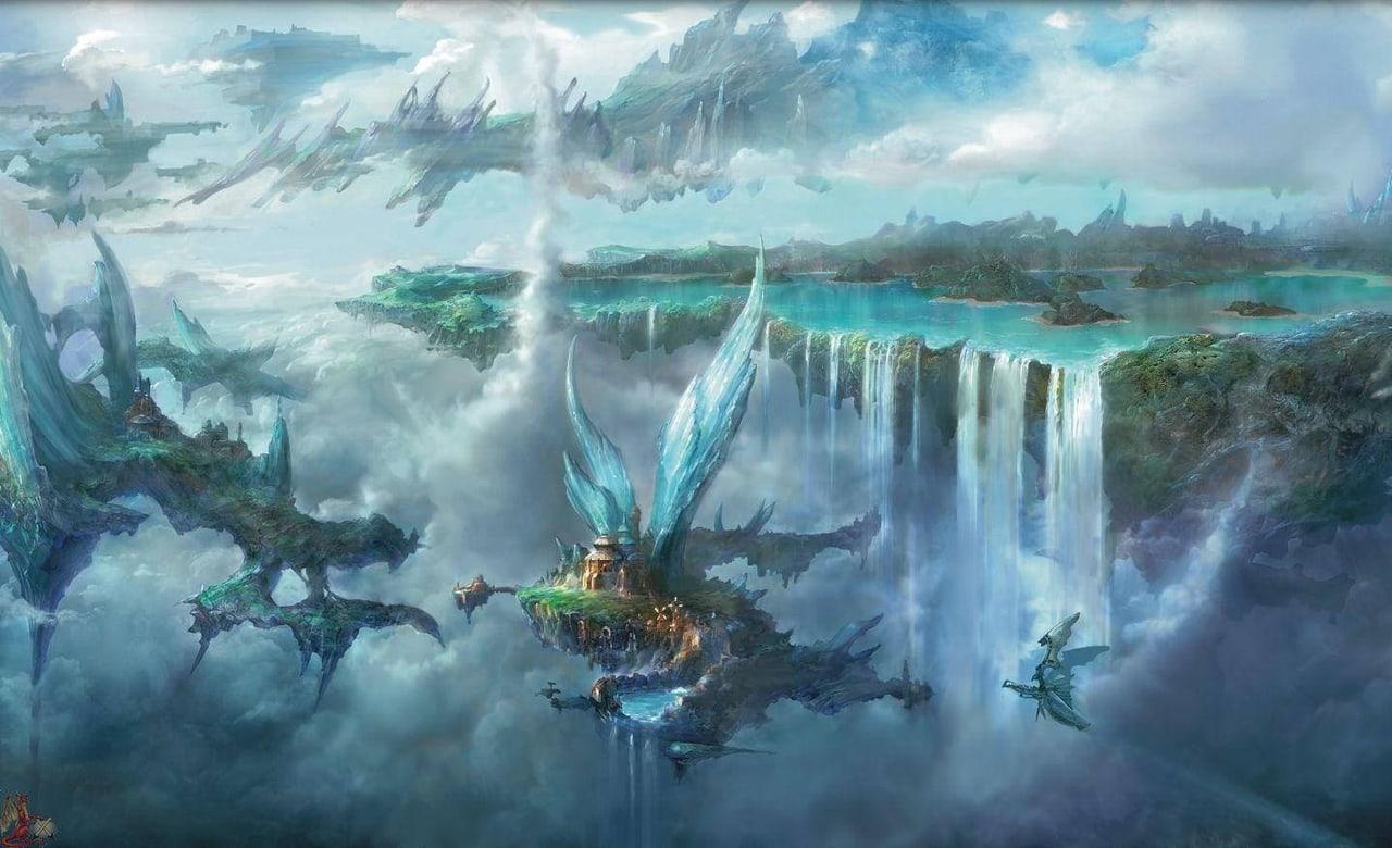 Floating islands and a fantasy city hang above enormous waterfalls and banks of mist. Turquoise pools and distant spires open the scenery across the frame. Source: tetacron on Wallpapers.com. Original artist not identified by the page.